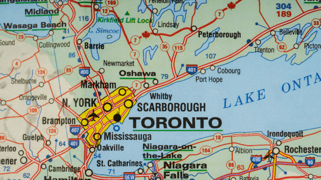 Map of the Greater Toronto Area showcasing potential real estate investment locations, symbolizing strategic investment planning in the region.