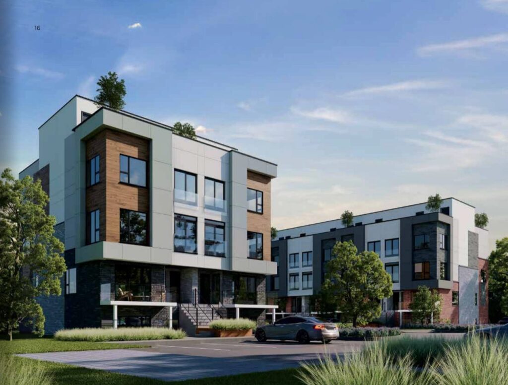 Rendering of modern St. Catharines 3-bed condo townhouse assignment at Lot 16 – end-unit exterior view.