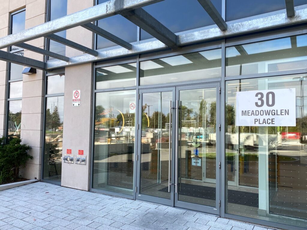Main entrance glass doors at 30 Meadowglen Place.