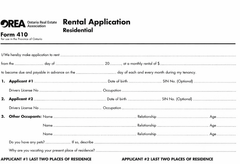 Blank rental application used in Ontario leasing.