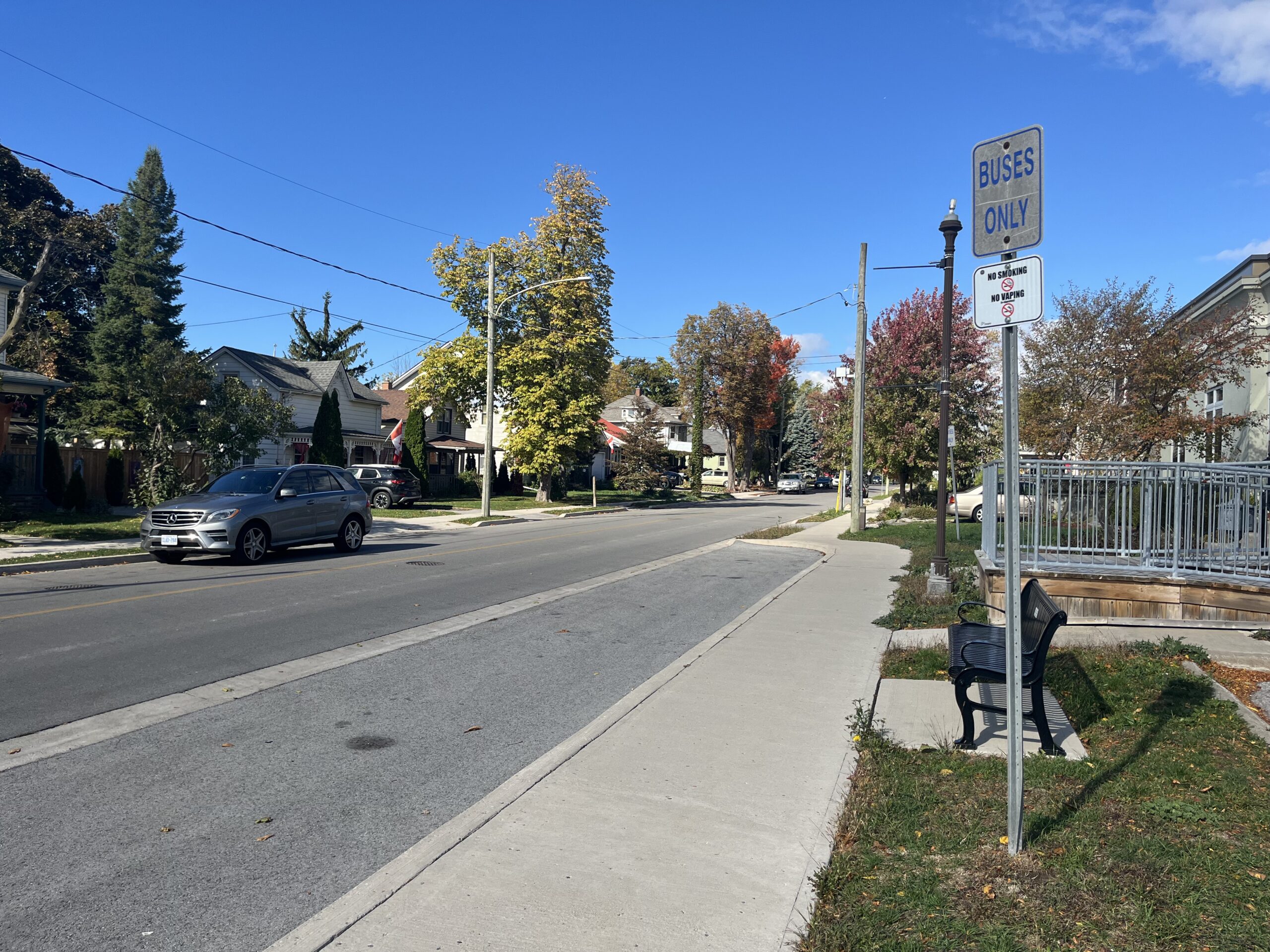 Established residential street in Thorold Ontario with mature trees in autumn colour, the kind of character neighbourhood GTA buyers find when relocating to the Niagara Region
