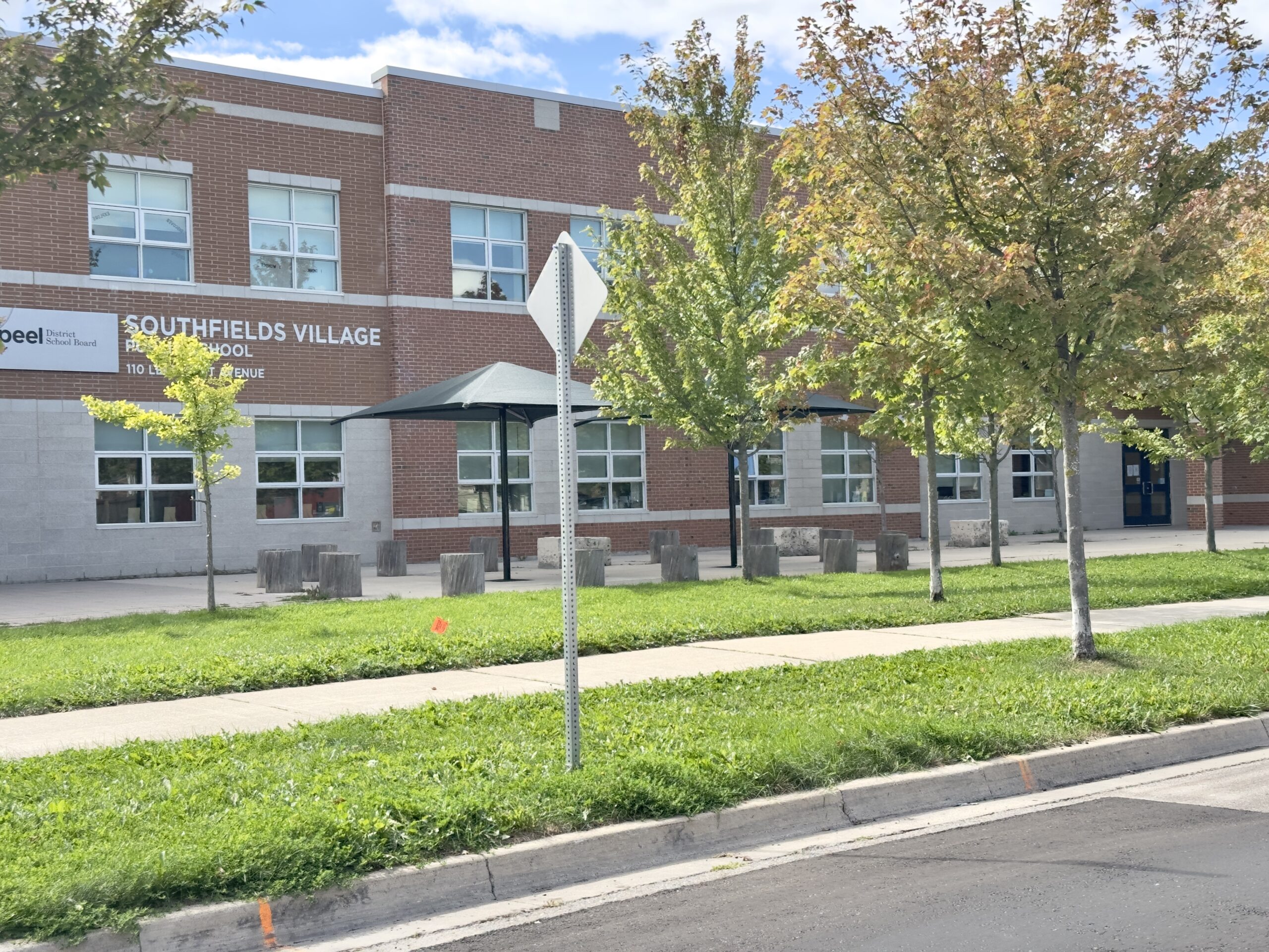 SouthFields Village Public School sign at 110 Learmont Avenue, Peel District School Board, Caledon