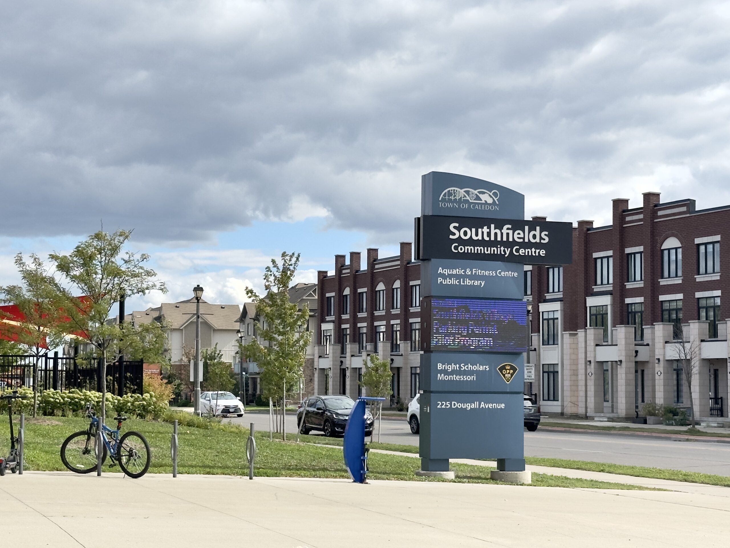 Town of Caledon sign for Southfields Community Centre at 225 Dougall Avenue